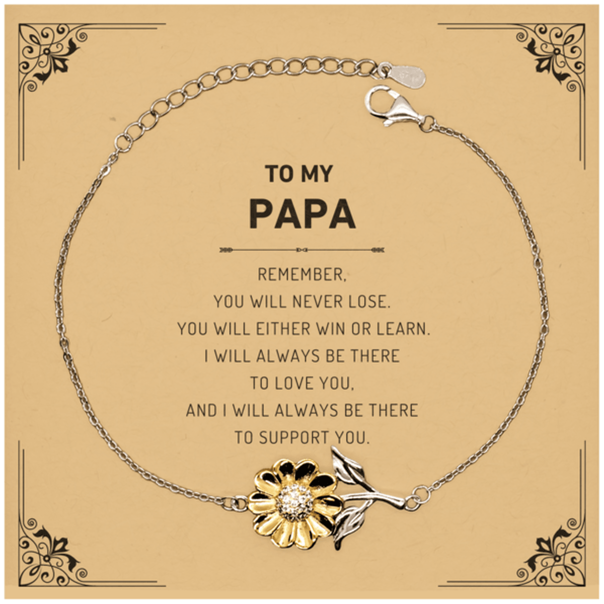 Papa Gifts, To My Papa Remember, you will never lose. You will either WIN or LEARN, Keepsake Sunflower Bracelet For Papa Card, Birthday Christmas Gifts Ideas For Papa X-mas Gifts - Mallard Moon Gift Shop