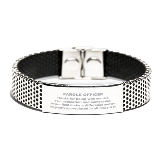 Parole Officer Silver Shark Mesh Stainless Steel Engraved Bracelet - Thanks for being who you are - Birthday Christmas Jewelry Gifts Coworkers Colleague Boss - Mallard Moon Gift Shop