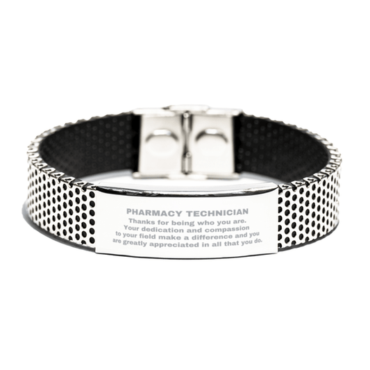 Pharmacy Technician Silver Shark Mesh Stainless Steel Engraved Bracelet - Thanks for being who you are - Birthday Christmas Jewelry Gifts Coworkers Colleague Boss - Mallard Moon Gift Shop