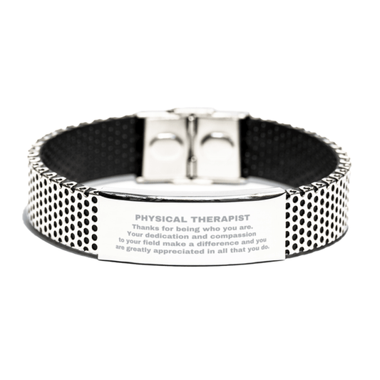 Physical Therapist Silver Shark Mesh Stainless Steel Engraved Bracelet - Thanks for being who you are - Birthday Christmas Jewelry Gifts Coworkers Colleague Boss - Mallard Moon Gift Shop