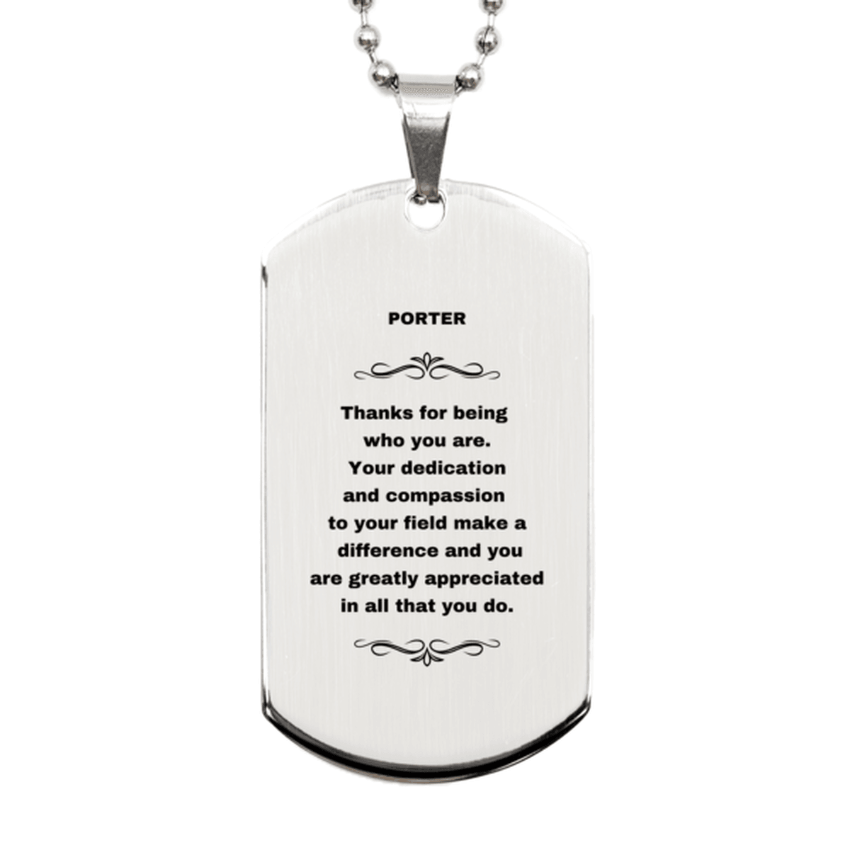 Porter Silver Dog Tag Engraved Necklace - Thanks for being who you are - Birthday Christmas Jewelry Gifts Coworkers Colleague Boss - Mallard Moon Gift Shop
