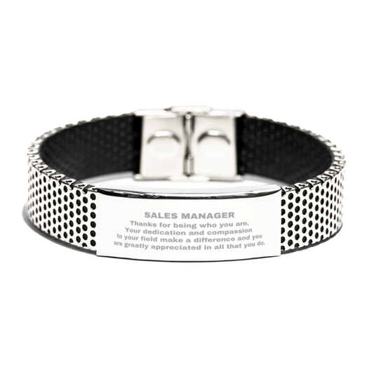 Sales Manager Silver Shark Mesh Stainless Steel Engraved Bracelet - Thanks for being who you are - Birthday Christmas Jewelry Gifts Coworkers Colleague Boss - Mallard Moon Gift Shop