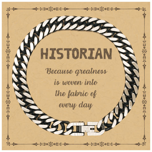 Sarcastic Historian Cuban Link Chain Bracelet Gifts, Christmas Holiday Gifts for Historian Birthday Message Card, Historian: Because greatness is woven into the fabric of every day, Coworkers, Friends - Mallard Moon Gift Shop