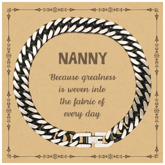Sarcastic Nanny Cuban Link Chain Bracelet Gifts, Christmas Holiday Gifts for Nanny Birthday Message Card, Nanny: Because greatness is woven into the fabric of every day, Coworkers, Friends - Mallard Moon Gift Shop