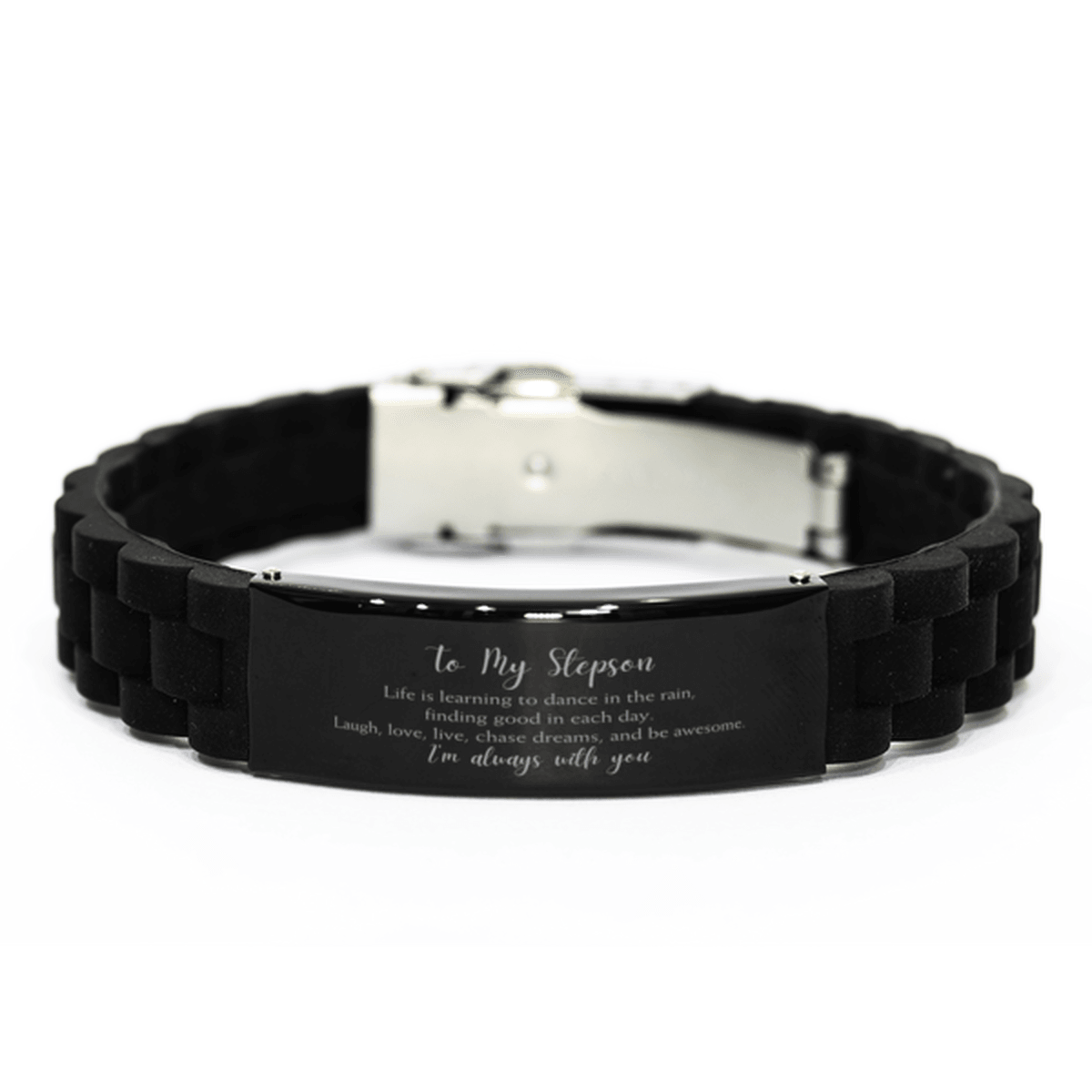 Stepson Christmas Perfect Gifts, Stepson Black Glidelock Clasp Bracelet, Motivational Stepson Engraved Gifts, Birthday Gifts For Stepson, To My Stepson Life is learning to dance in the rain, finding good in each day. I'm always with you - Mallard Moon Gift Shop