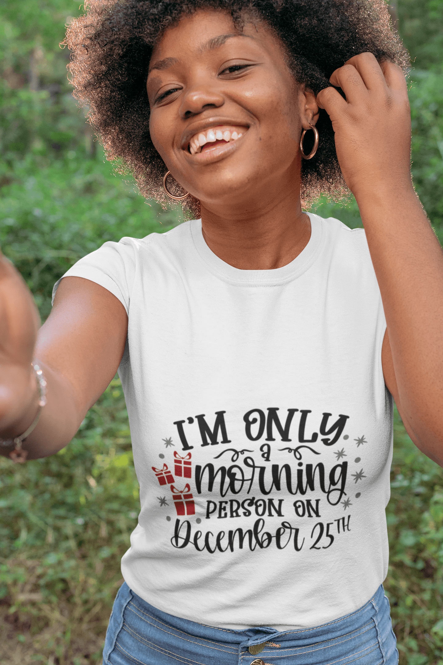 Funny Christmas Tee Shirt -Only a Morning Person on December 25 - Mallard Moon Gift Shop