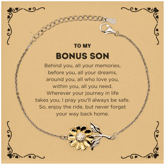 To My Bonus Son Gifts, Inspirational Bonus Son Sunflower Bracelet, Sentimental Birthday Christmas Unique Gifts For Bonus Son Behind you, all your memories, before you, all your dreams, around you, all who love you, within you, all you need - Mallard Moon Gift Shop