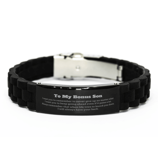 To My Bonus Son Gifts, Never give up no matter what, Inspirational Bonus Son Black Glidelock Clasp Bracelet, Encouragement Birthday Christmas Unique Gifts For Bonus Son - Mallard Moon Gift Shop