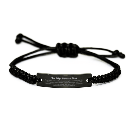 To My Bonus Son Gifts, Never give up no matter what, Inspirational Bonus Son Black Rope Bracelet, Encouragement Birthday Christmas Unique Gifts For Bonus Son - Mallard Moon Gift Shop