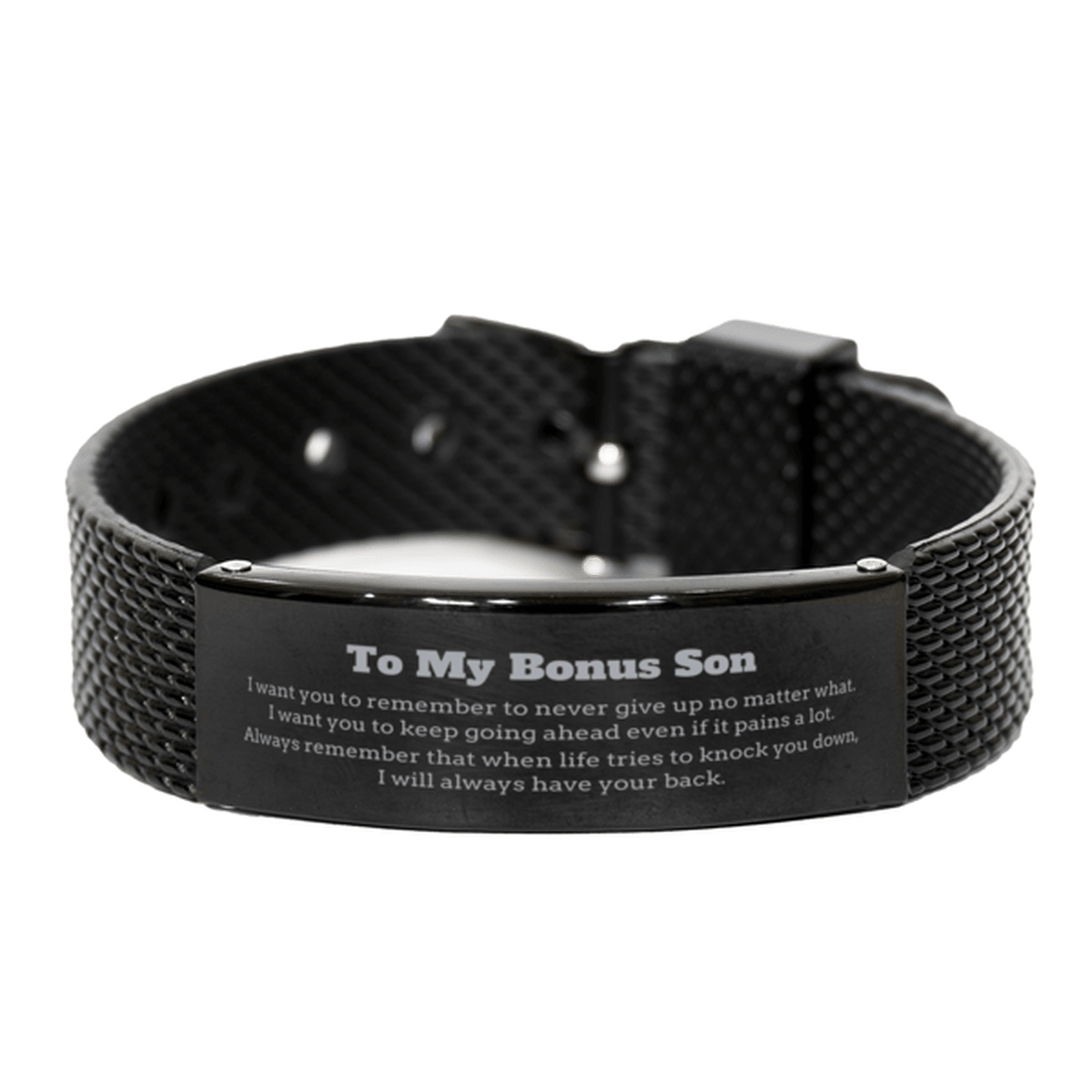 To My Bonus Son Gifts, Never give up no matter what, Inspirational Bonus Son Black Shark Mesh Bracelet, Encouragement Birthday Christmas Unique Gifts For Bonus Son - Mallard Moon Gift Shop