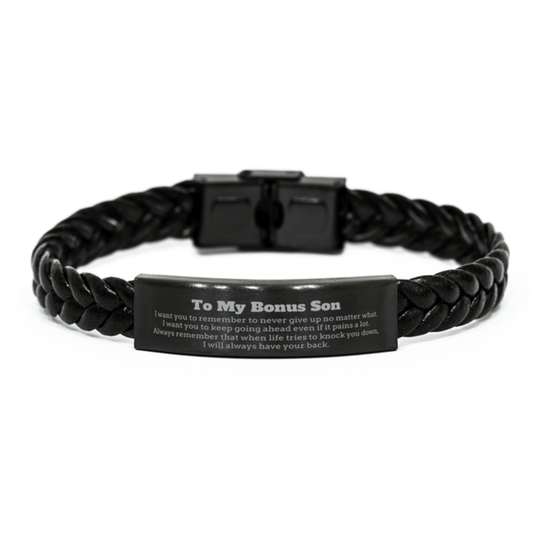 To My Bonus Son Gifts, Never give up no matter what, Inspirational Bonus Son Braided Leather Bracelet, Encouragement Birthday Christmas Unique Gifts For Bonus Son - Mallard Moon Gift Shop