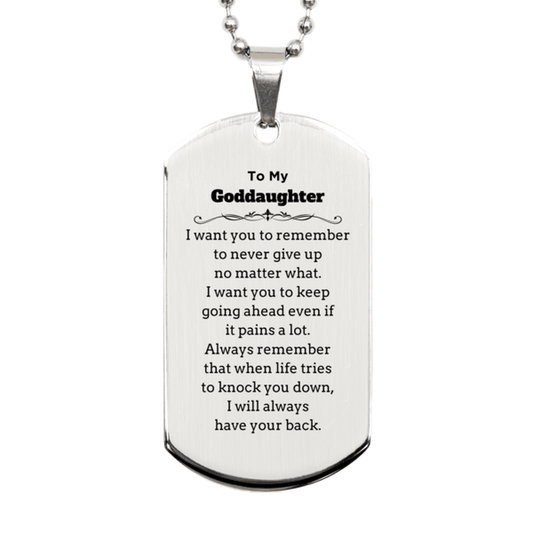 To My Goddaughter Gifts, Never give up no matter what, Inspirational Goddaughter Silver Dog Tag, Encouragement Birthday Christmas Unique Gifts For Goddaughter - Mallard Moon Gift Shop