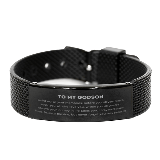 To My Godson Gifts, Inspirational Godson Black Shark Mesh Bracelet, Sentimental Birthday Christmas Unique Gifts For Godson Behind you, all your memories, before you, all your dreams, around you, all who love you, within you, all you need - Mallard Moon Gift Shop