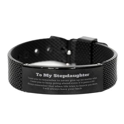 To My Stepdaughter Gifts, Never give up no matter what, Inspirational Stepdaughter Black Shark Mesh Bracelet, Encouragement Birthday Christmas Unique Gifts For Stepdaughter - Mallard Moon Gift Shop