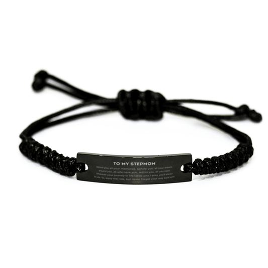 To My Stepmom Gifts, Inspirational Stepmom Black Rope Bracelet, Sentimental Birthday Christmas Unique Gifts For Stepmom Behind you, all your memories, before you, all your dreams, around you, all who love you, within you, all you need - Mallard Moon Gift Shop