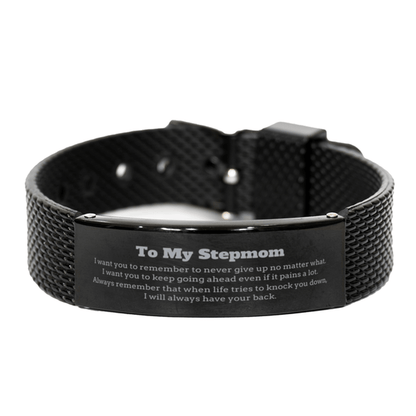 To My Stepmom Gifts, Never give up no matter what, Inspirational Stepmom Black Shark Mesh Bracelet, Encouragement Birthday Christmas Unique Gifts For Stepmom - Mallard Moon Gift Shop