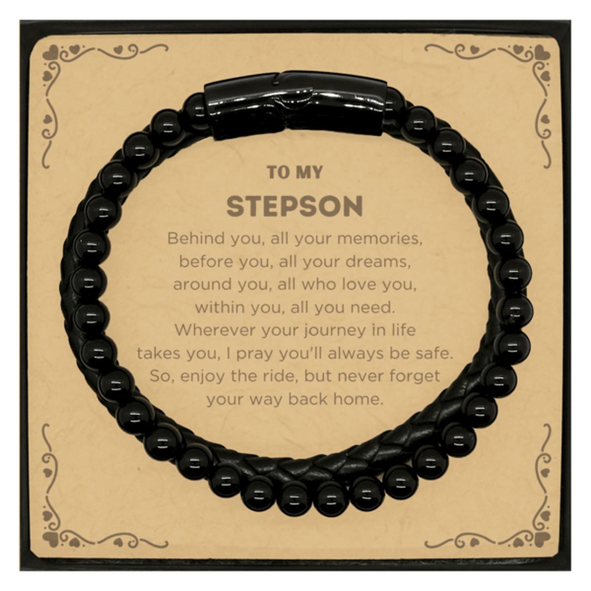 To My Stepson Gifts, Inspirational Stepson Stone Leather Bracelets, Sentimental Birthday Christmas Unique Gifts For Stepson Behind you, all your memories, before you, all your dreams, around you, all who love you, within you, all you need - Mallard Moon Gift Shop