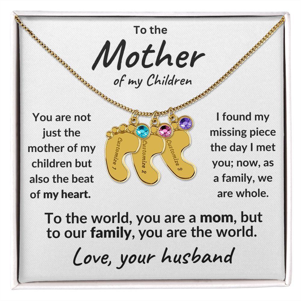 To the Mother of my Children Baby Feet Engraved Charms with Birthstone Necklace - Mallard Moon Gift Shop