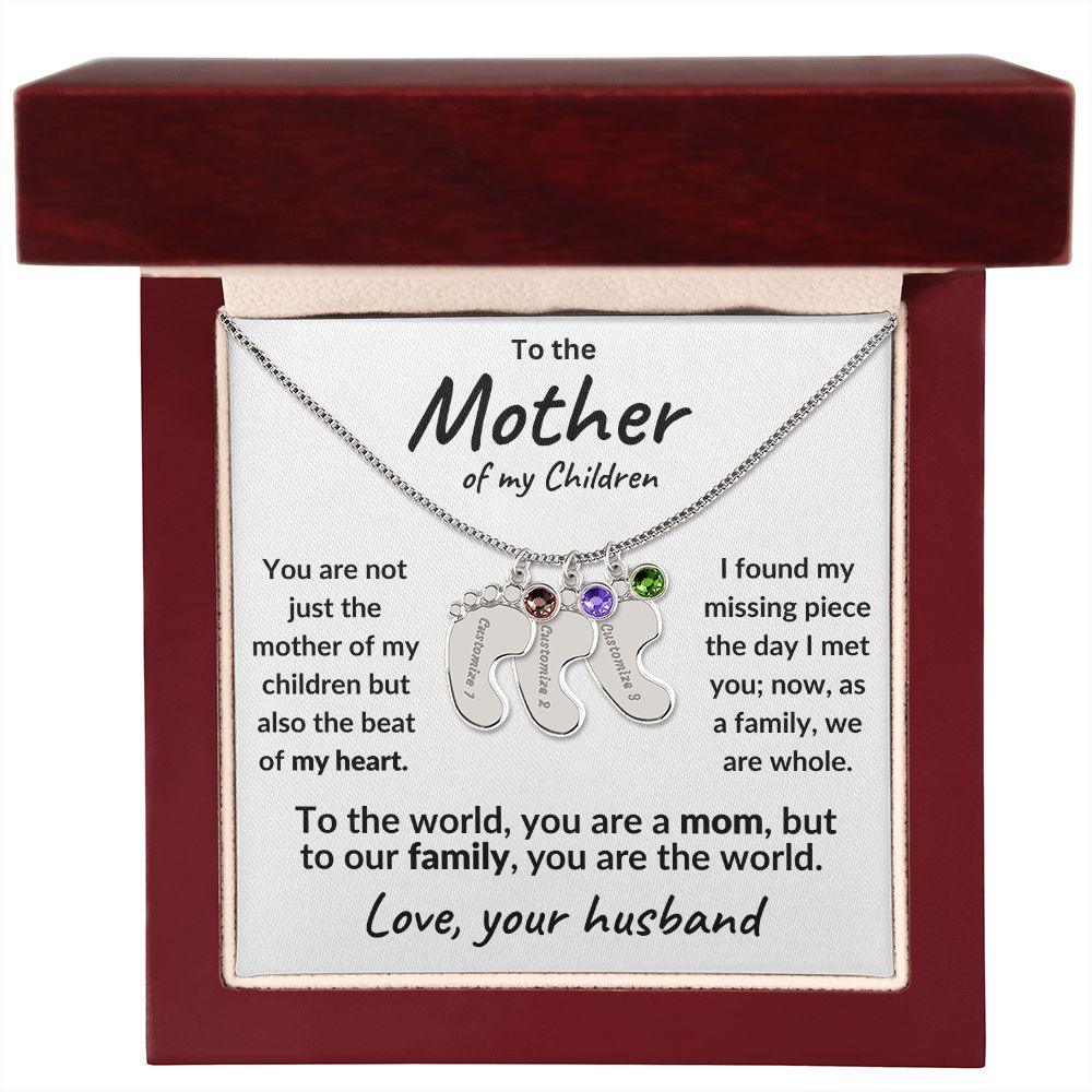 To the Mother of my Children Baby Feet Engraved Charms with Birthstone Necklace - Mallard Moon Gift Shop