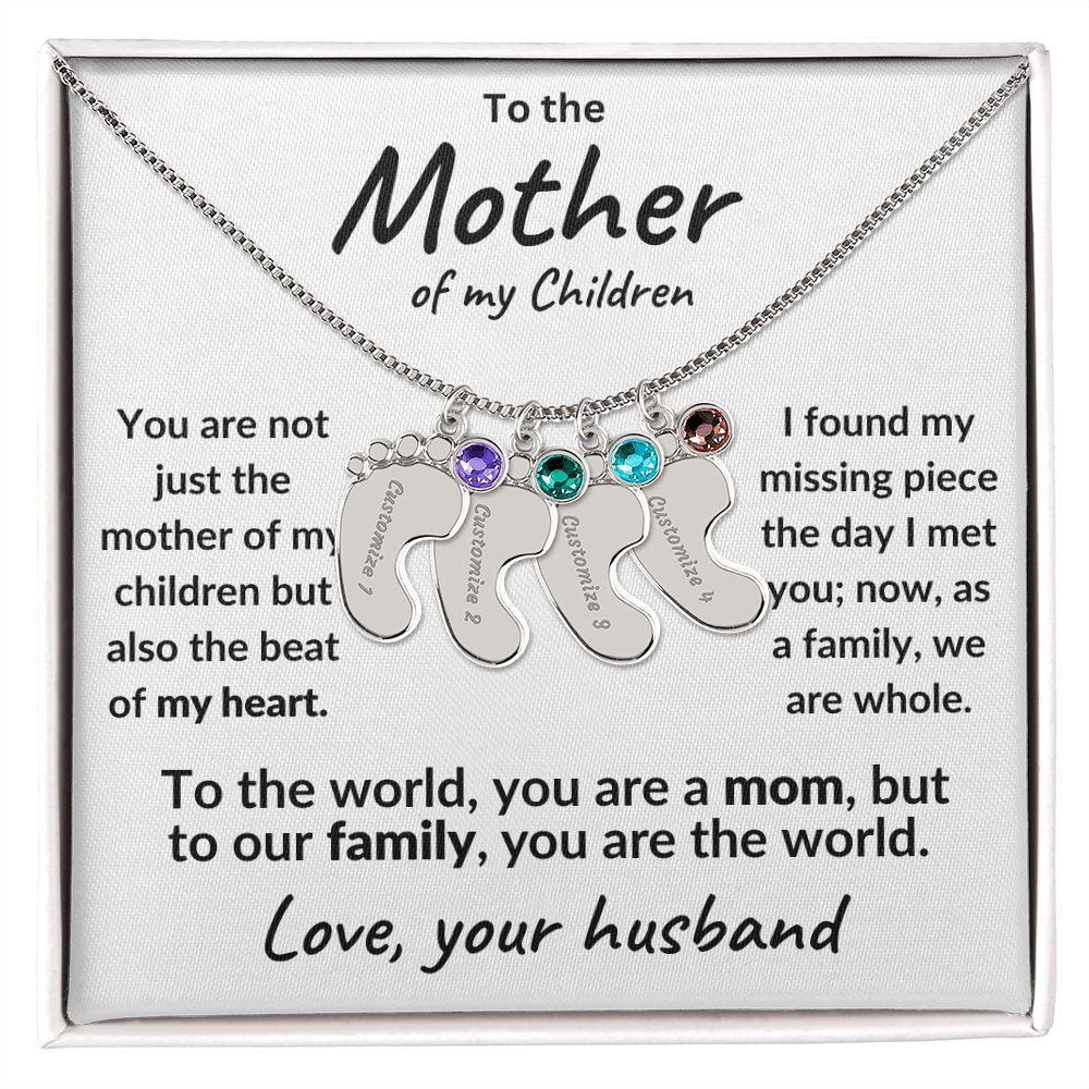 To the Mother of my Children Baby Feet Engraved Charms with Birthstone Necklace - Mallard Moon Gift Shop