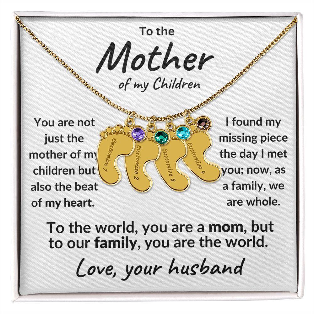 To the Mother of my Children Baby Feet Engraved Charms with Birthstone Necklace - Mallard Moon Gift Shop