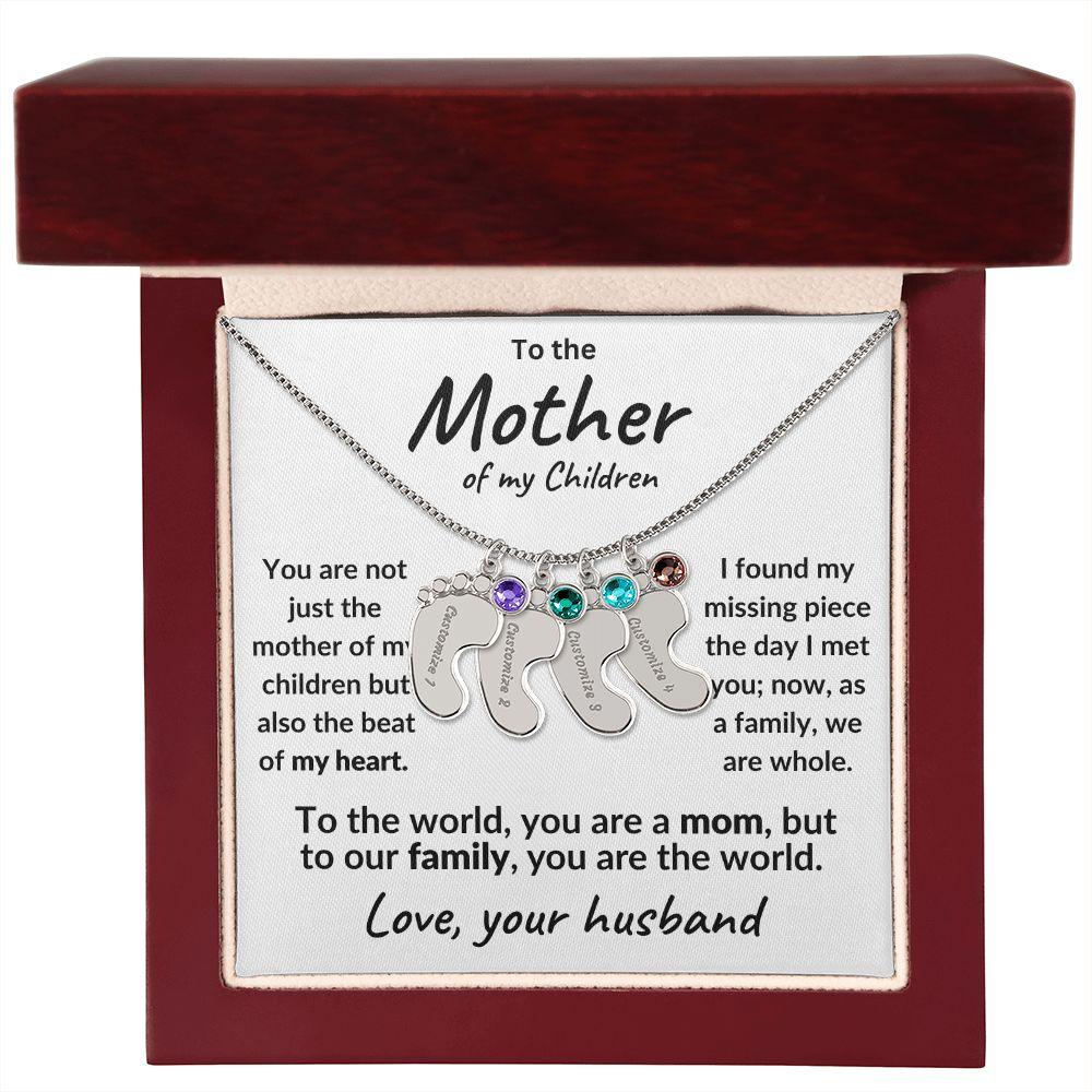 To the Mother of my Children Baby Feet Engraved Charms with Birthstone Necklace - Mallard Moon Gift Shop