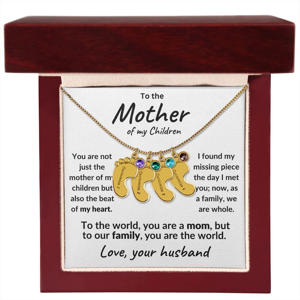 To the Mother of my Children Baby Feet Engraved Charms with Birthstone Necklace - Mallard Moon Gift Shop