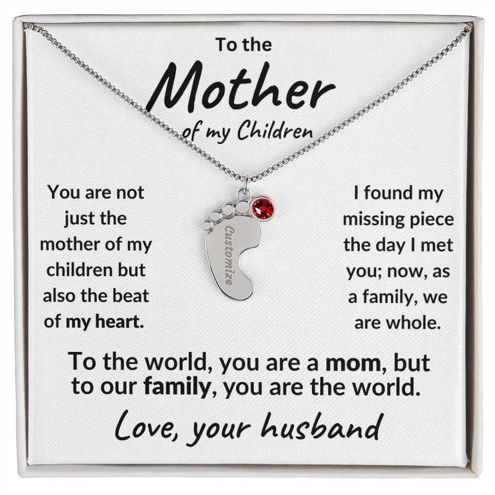 To the Mother of my Children Baby Feet Engraved Charms with Birthstone Necklace - Mallard Moon Gift Shop