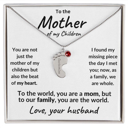 To the Mother of my Children Baby Feet Engraved Charms with Birthstone Necklace - Mallard Moon Gift Shop