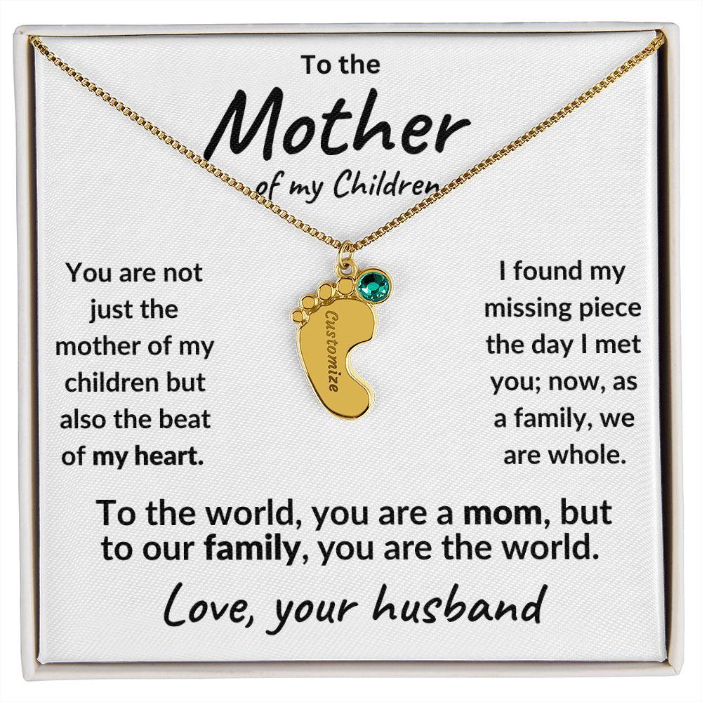 To the Mother of my Children Baby Feet Engraved Charms with Birthstone Necklace - Mallard Moon Gift Shop