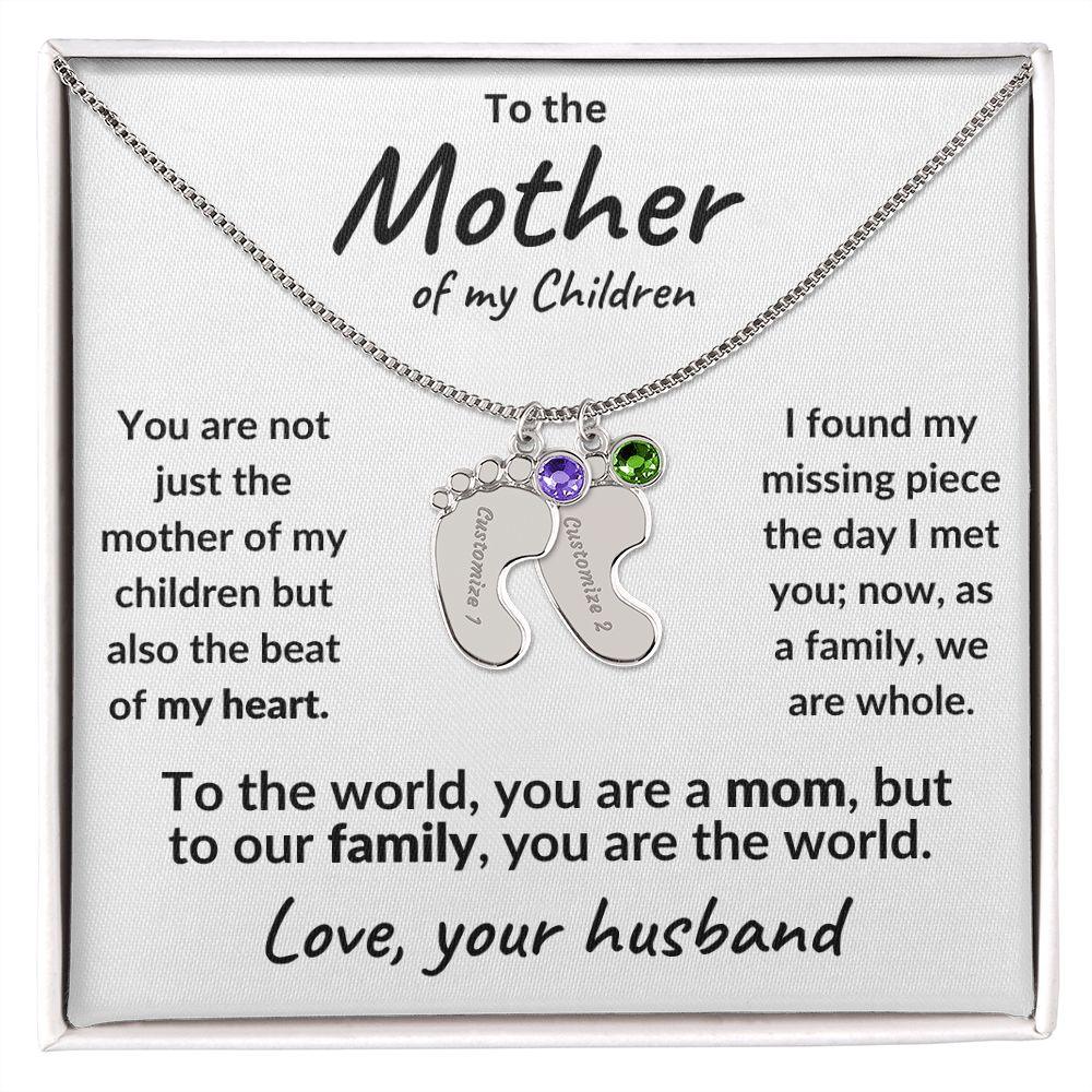 To the Mother of my Children Baby Feet Engraved Charms with Birthstone Necklace - Mallard Moon Gift Shop