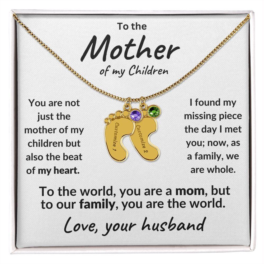 To the Mother of my Children Baby Feet Engraved Charms with Birthstone Necklace - Mallard Moon Gift Shop