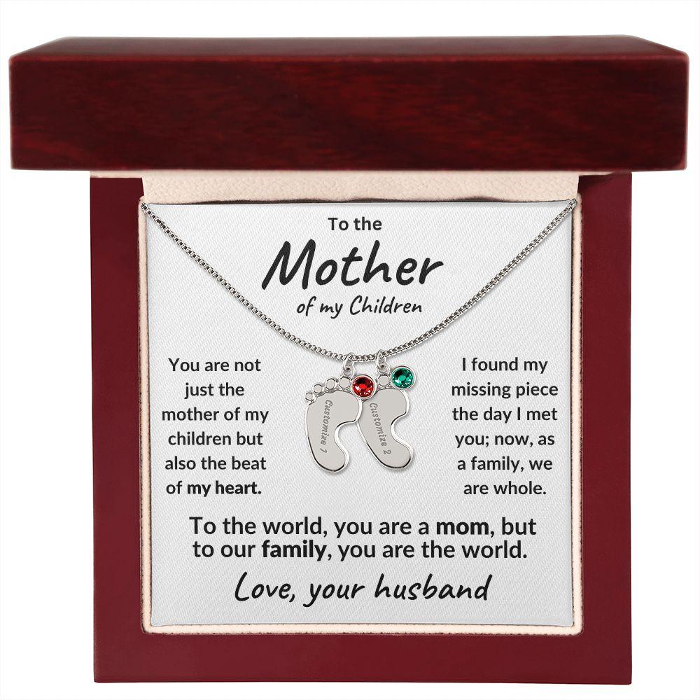 To the Mother of my Children Baby Feet Engraved Charms with Birthstone Necklace - Mallard Moon Gift Shop