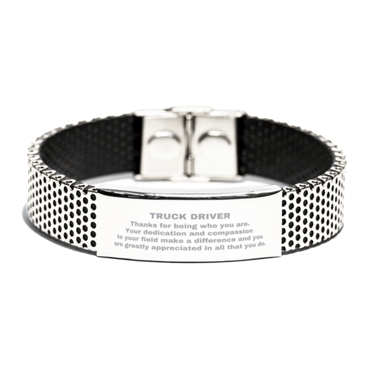 Truck Driver Silver Shark Mesh Stainless Steel Engraved Bracelet - Thanks for being who you are - Birthday Christmas Jewelry Gifts Coworkers Colleague Boss - Mallard Moon Gift Shop