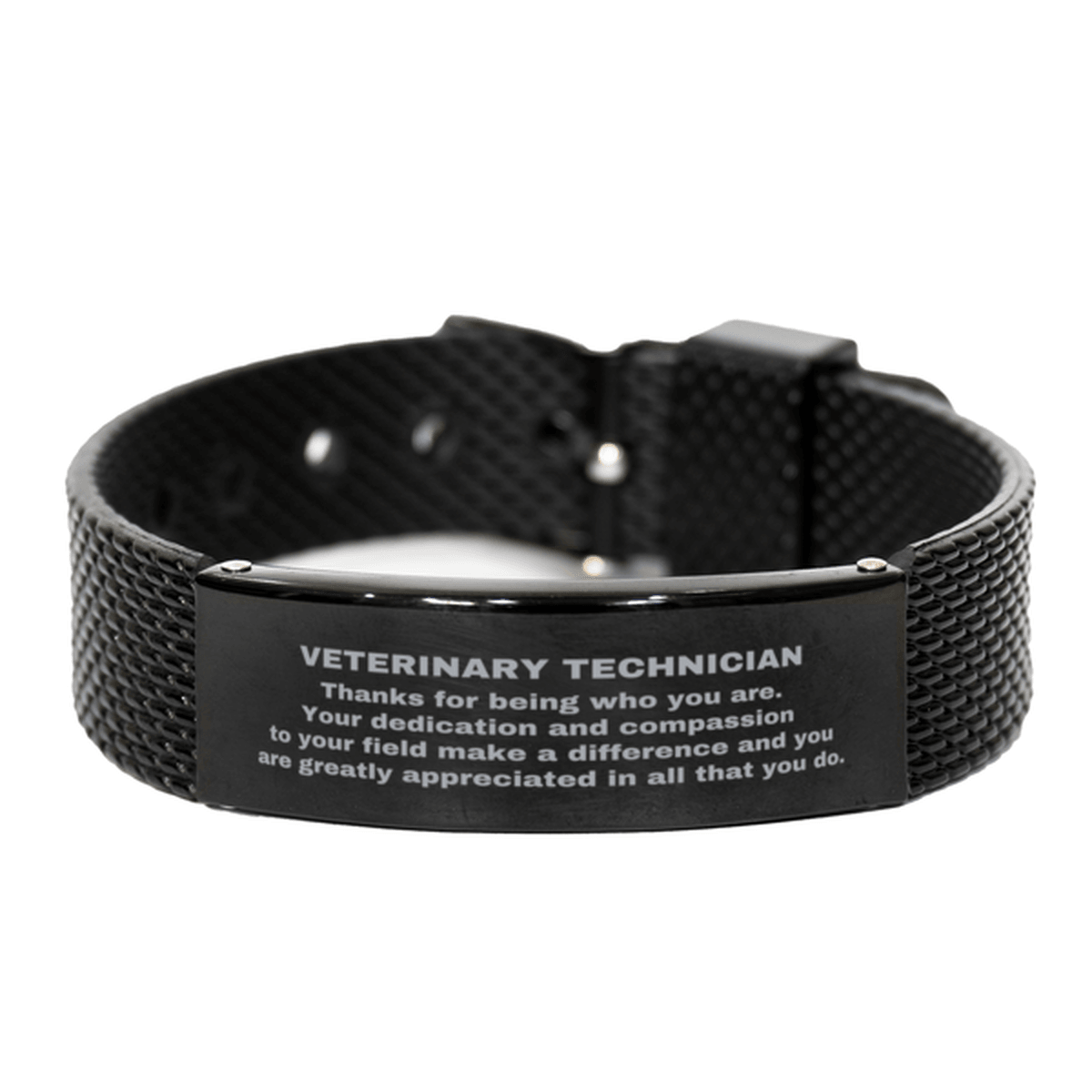 Veterinary Technician Black Shark Mesh Stainless Steel Engraved Bracelet - Thanks for being who you are - Birthday Christmas Jewelry Gifts Coworkers Colleague Boss - Mallard Moon Gift Shop