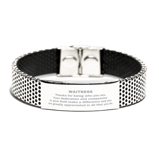 Waitress Silver Shark Mesh Stainless Steel Engraved Bracelet - Thanks for being who you are - Birthday Christmas Jewelry Gifts Coworkers Colleague Boss - Mallard Moon Gift Shop