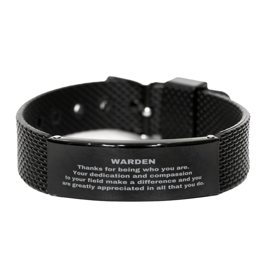 Warden Black Shark Mesh Stainless Steel Engraved Bracelet - Thanks for being who you are - Birthday Christmas Jewelry Gifts Coworkers Colleague Boss - Mallard Moon Gift Shop