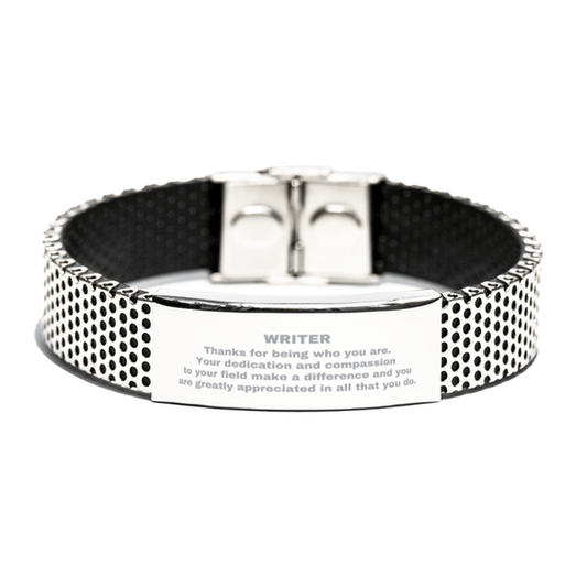 Writer Silver Shark Mesh Stainless Steel Engraved Bracelet - Thanks for being who you are - Birthday Christmas Jewelry Gifts Coworkers Colleague Boss - Mallard Moon Gift Shop